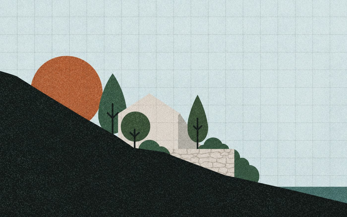 Illustration of a stone house set into a Mediterranean slope